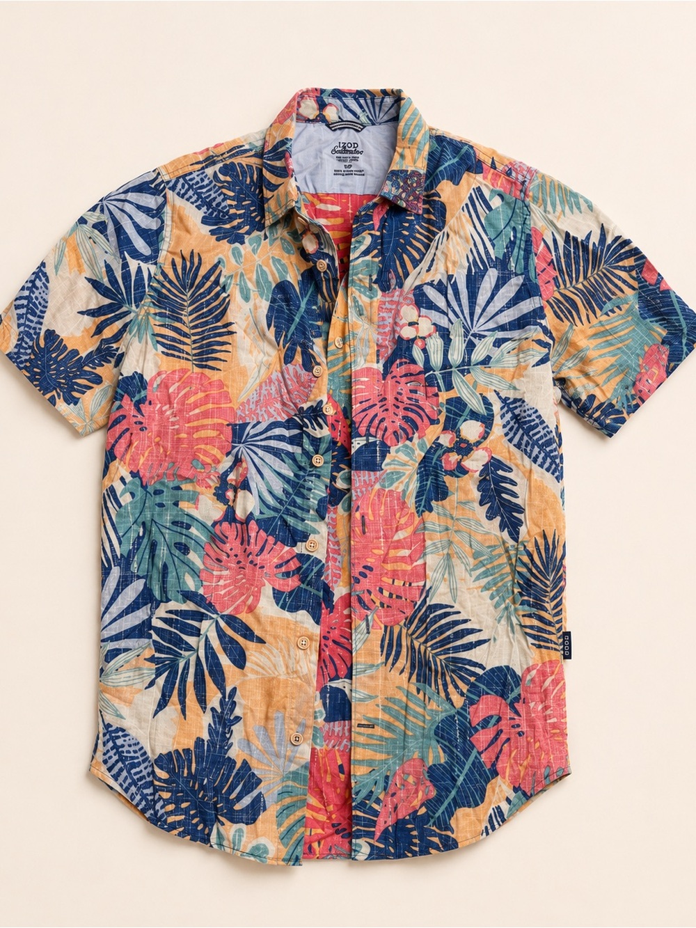 Izod Men's Short-Sleeve Tropical Button-Up in Blue, Pink & Tan
